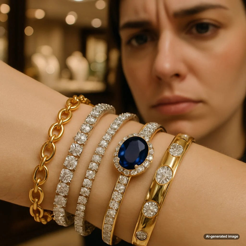 Elegant gold and diamond bracelets displayed at Robinson's Jewelers, showcasing various styles from delicate chains to bold cuffs