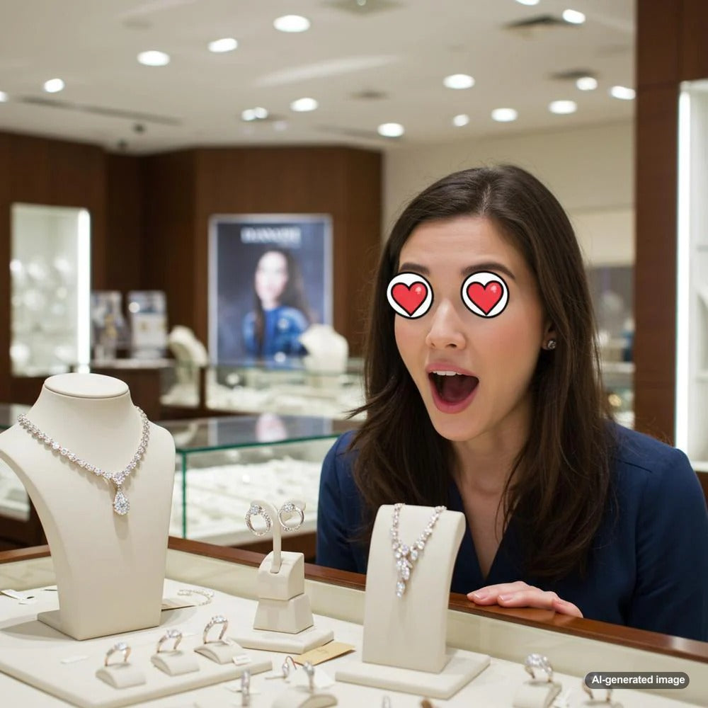 A woman admiring a stunning diamond ring, surrounded by an array of elegant jewelry pieces