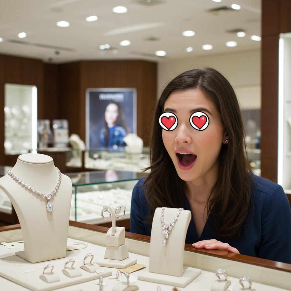 A woman admiring a stunning diamond ring, surrounded by an array of elegant jewelry pieces