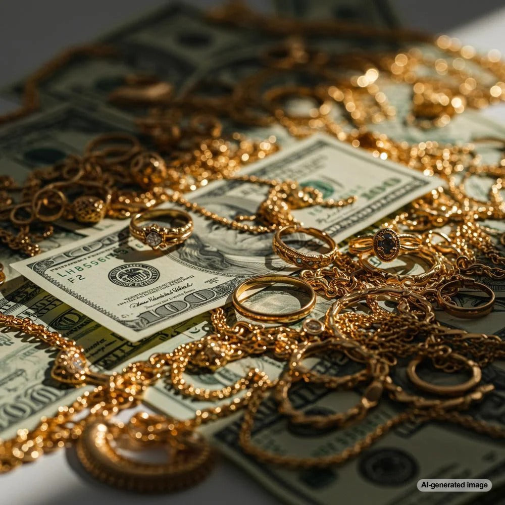 Close-up of elegant gold jewelry pieces, including rings and bracelets, showcasing their shine and craftsmanship