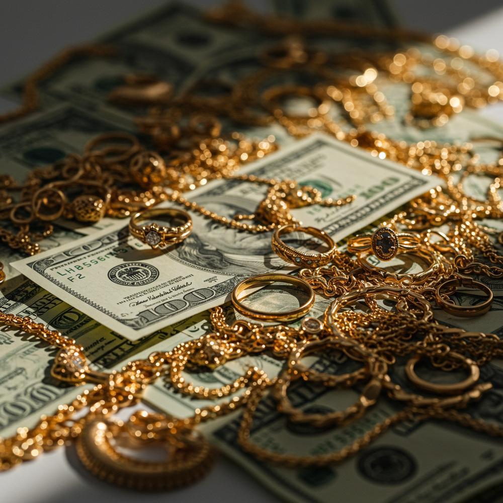 Close-up of elegant gold jewelry pieces, including rings and bracelets, showcasing their shine and craftsmanship