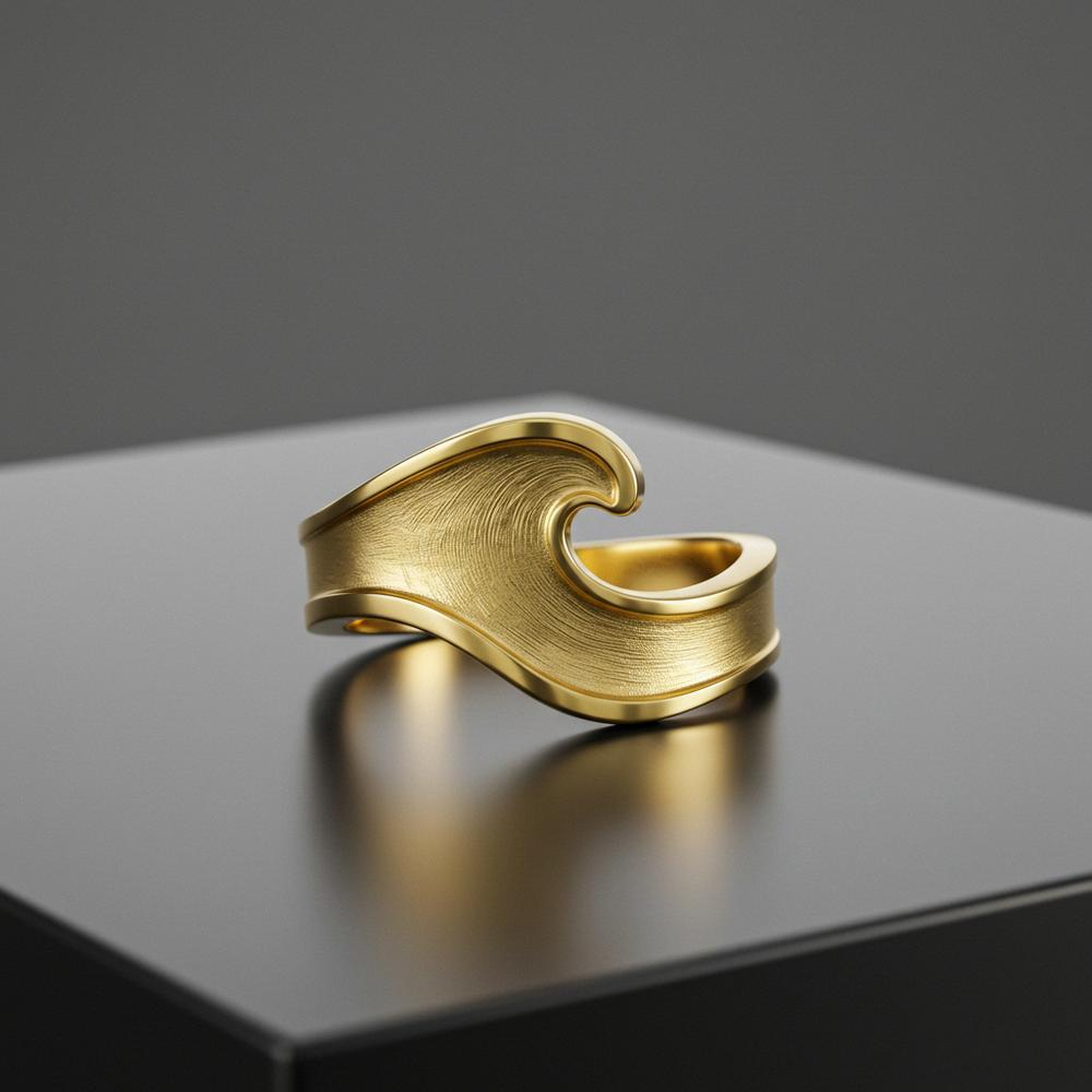 Luxury wave-inspired jewelry collection featuring rings, necklaces, and bracelets with fluid designs in gold and gemstones