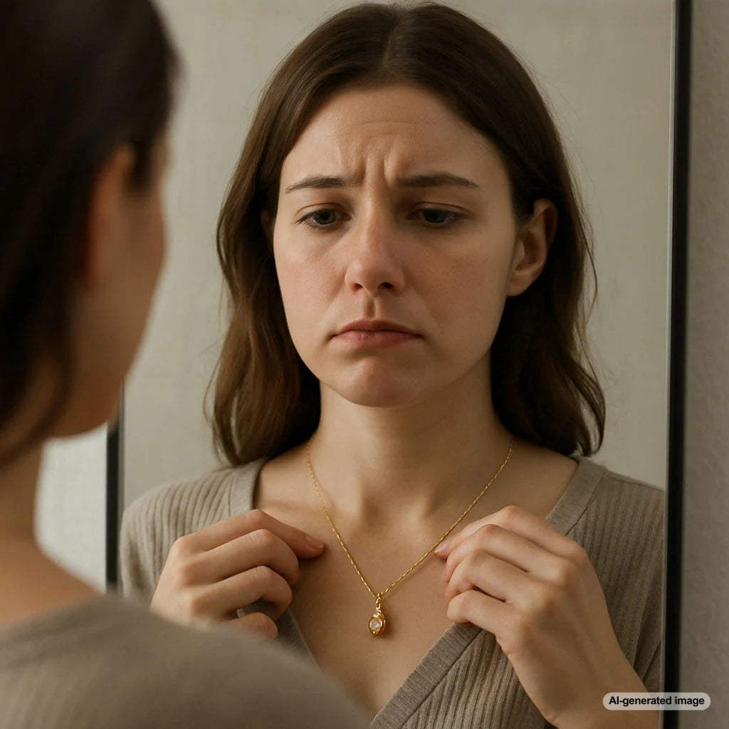 Woman laughing while trying on different necklaces at Robinson's Jewelers