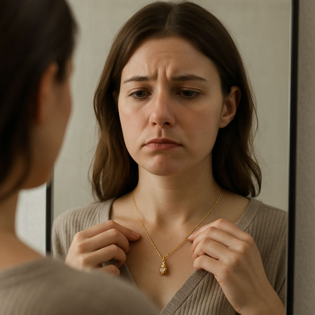 Woman laughing while trying on different necklaces at Robinson's Jewelers
