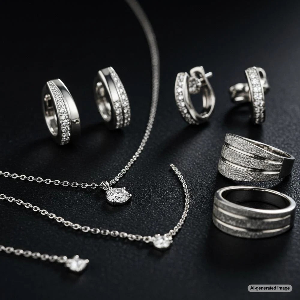 Elegant white gold jewelry displayed in a luxurious setting