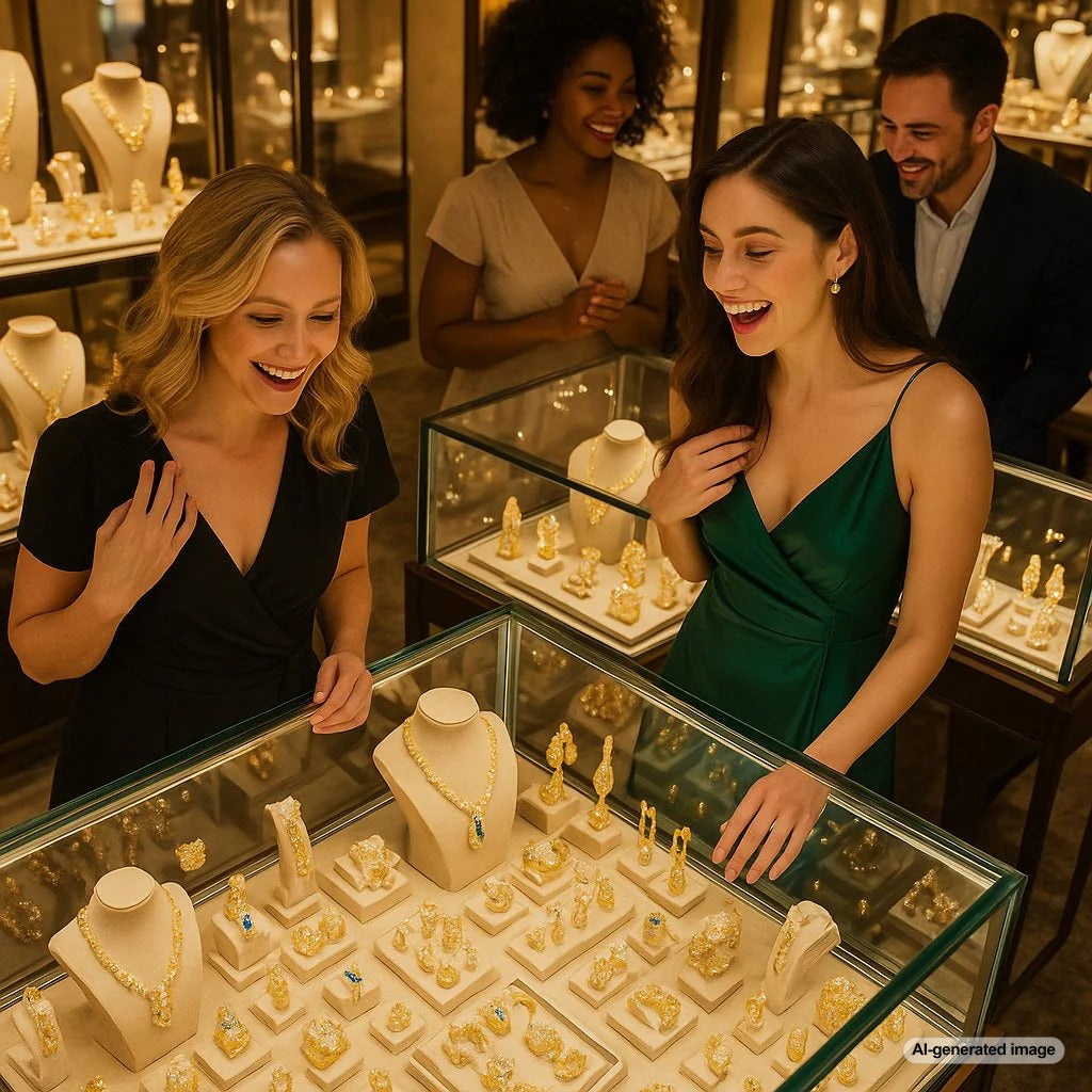 An elegant assortment of fine jewelry including diamond rings, gemstone necklaces and luxury bracelets displayed at Robinson's Jewelers