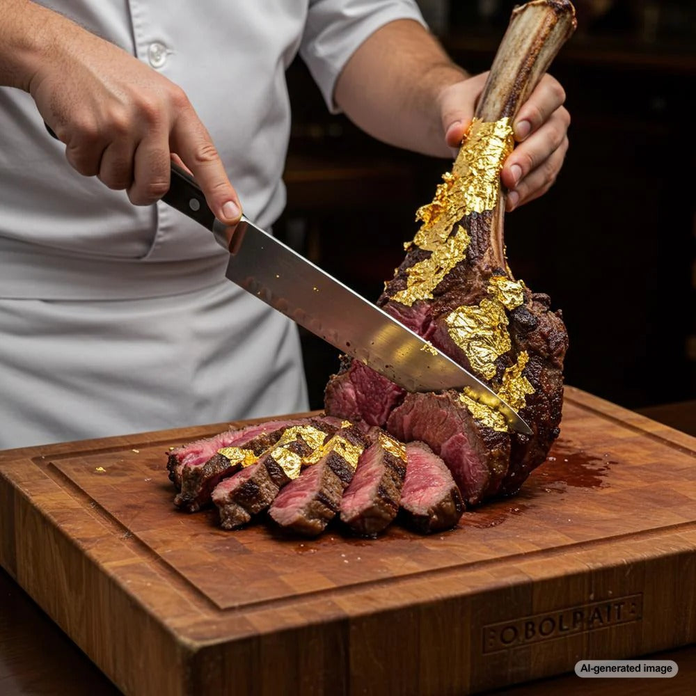 A lavish gold-covered steak served on a white plate, symbolizing luxury and culinary extravagance.