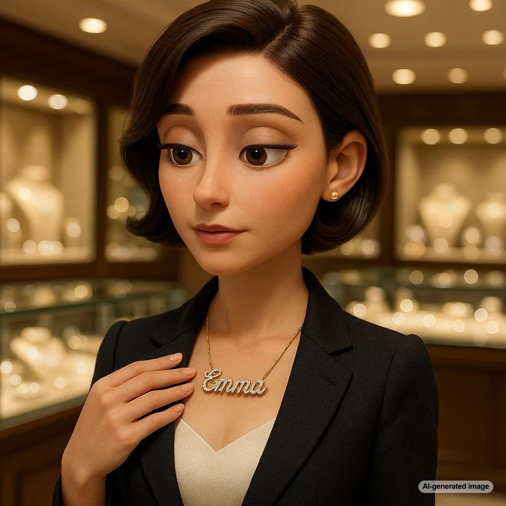 A close-up of a beautifully crafted gold name necklace resting on skin, showcasing personalized jewelry