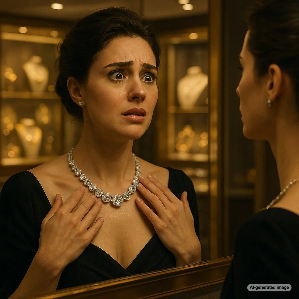 Elegant woman wearing a dazzling diamond necklace from Robinson's Jewelers collection