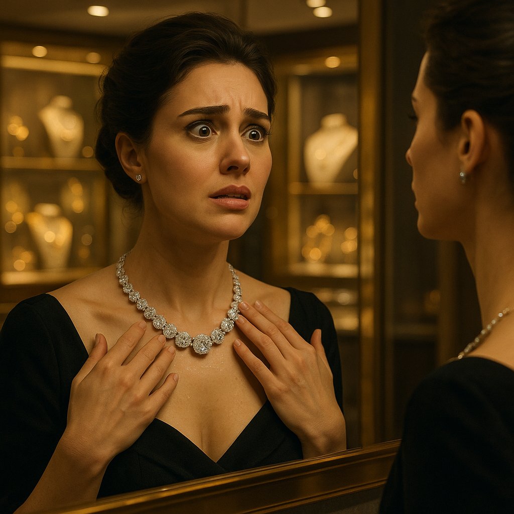 Elegant woman wearing a dazzling diamond necklace from Robinson&apos;s Jewelers collection