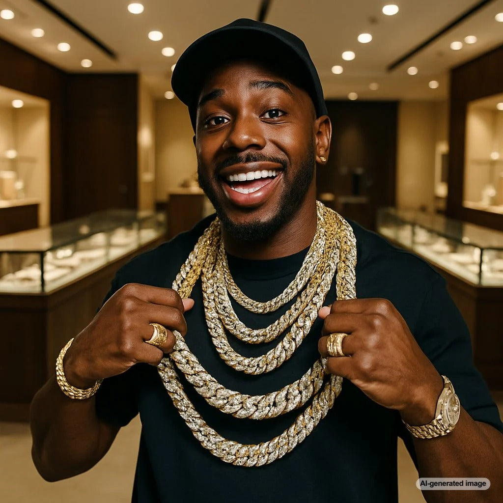 Luxury diamond-encrusted Cuban link chain necklace on black background