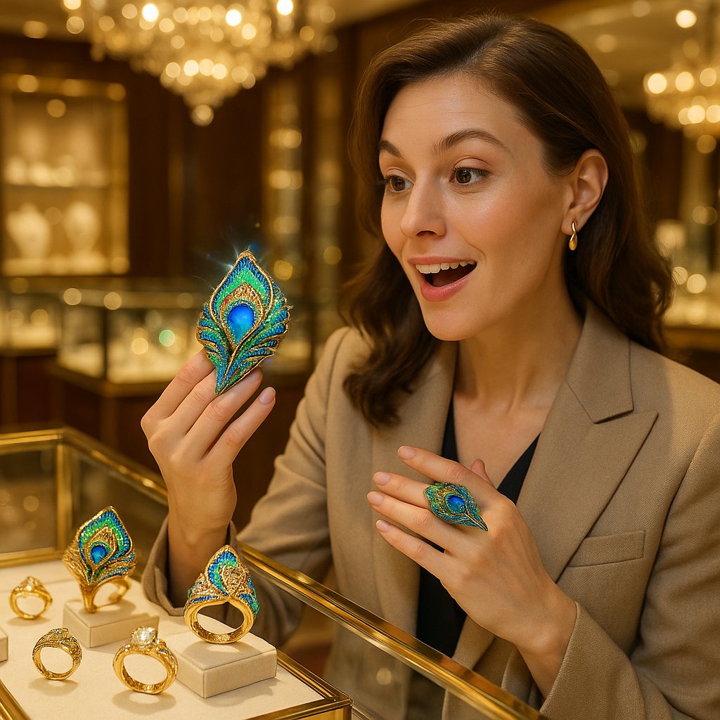 Stunning peacock feather motif ring with vibrant gemstones and intricate metalwork