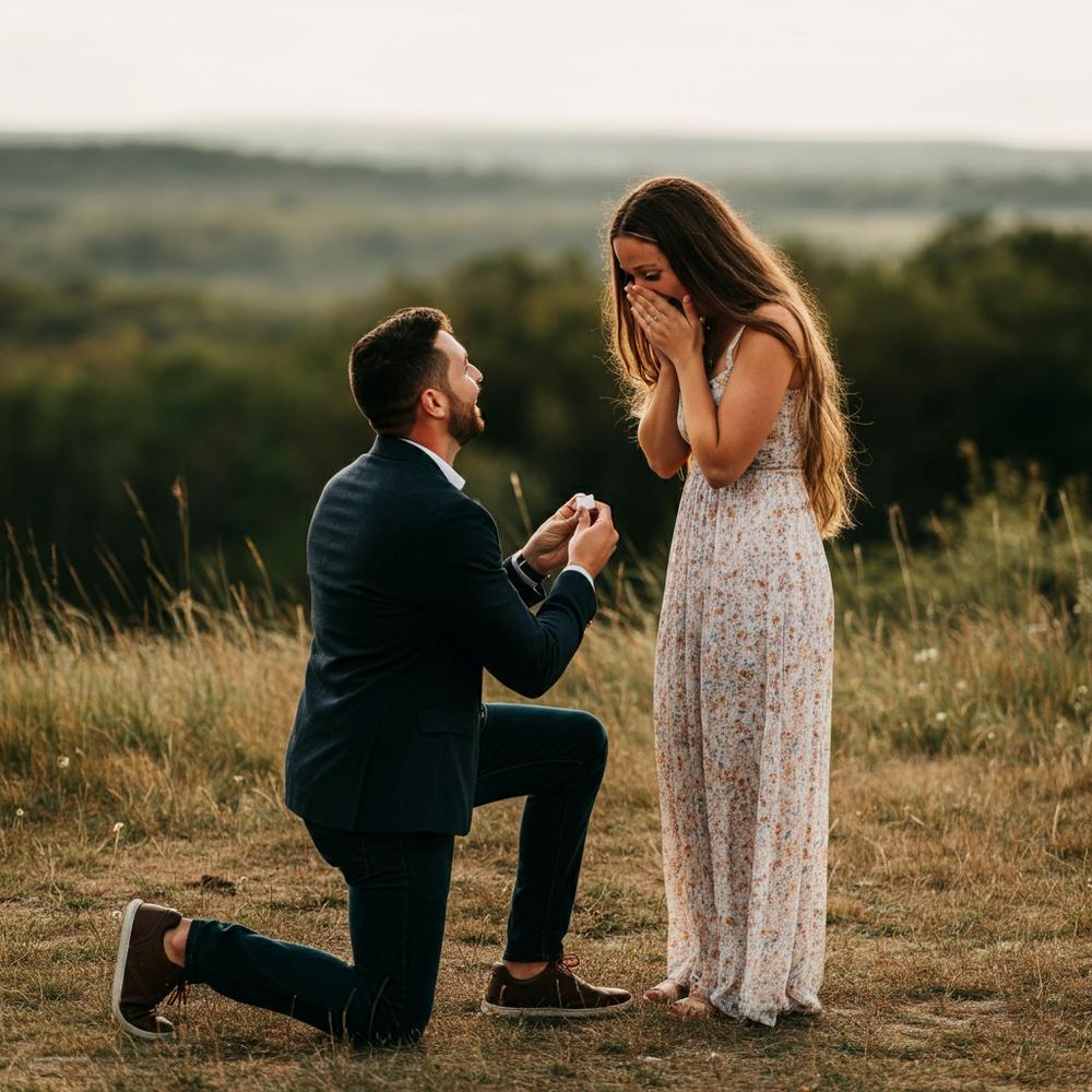 A romantic marriage proposal with a man kneeling on one knee presenting an engagement ring