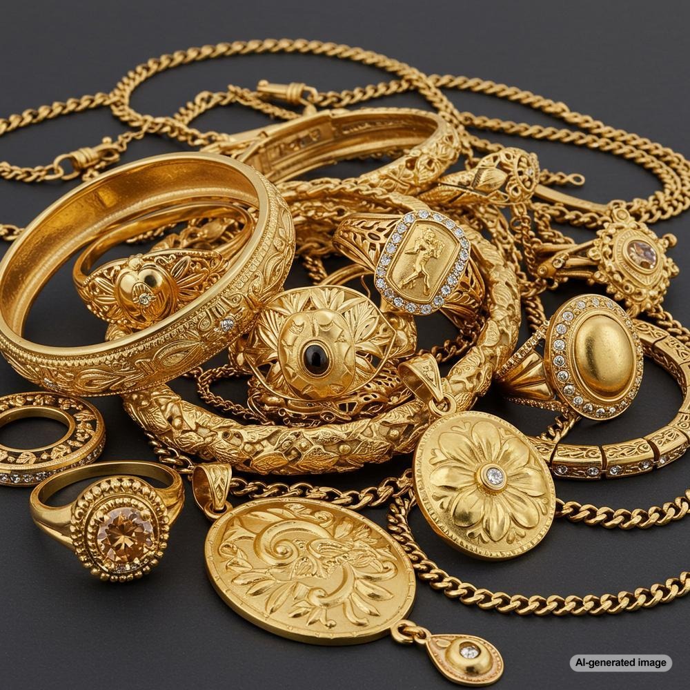 A close-up of a stunning gold necklace with intricate details, showcasing the timeless beauty of gold jewelry.