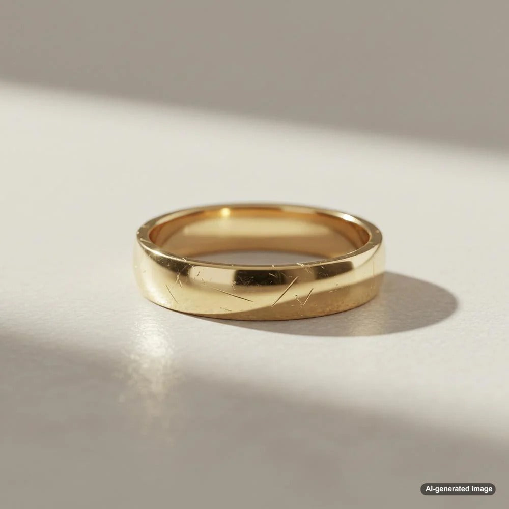Close-up of a scratched gold ring showing the natural wear of gold jewelry over time