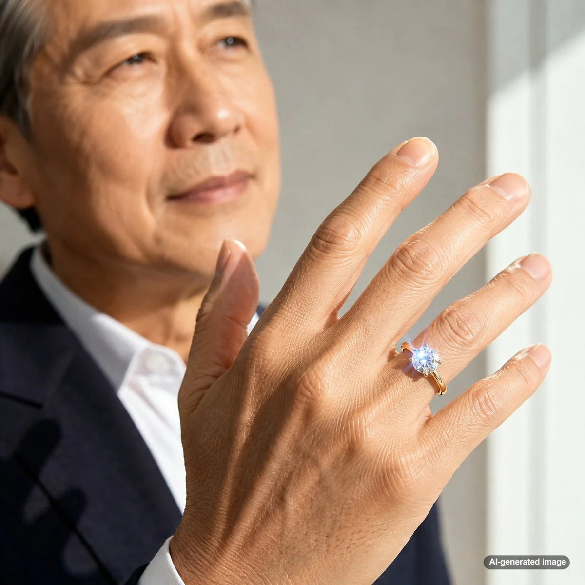 A stunning diamond ring showcasing a captivating blue fluorescence effect as it sparkles in bright sunlight, representing the unique beauty of fluorescent diamonds
