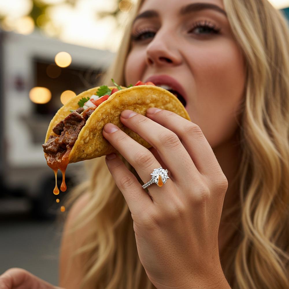 Close-up of a hazy diamond ring with cleaning tools nearby