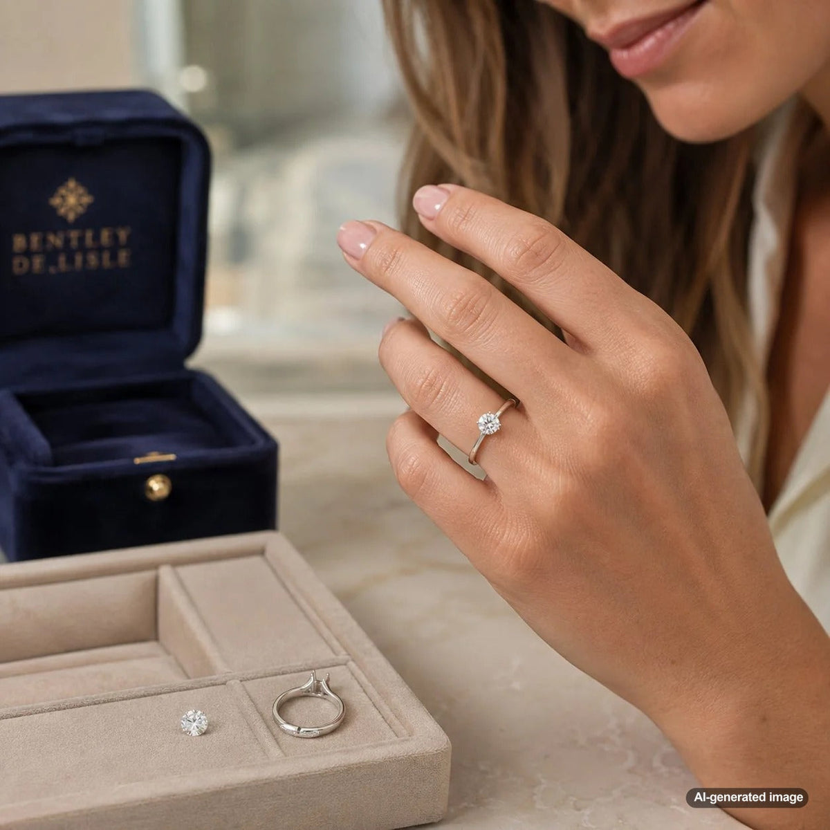 A diamond engagement ring visually compared to show how the setting can make the center stone appear smaller or larger.