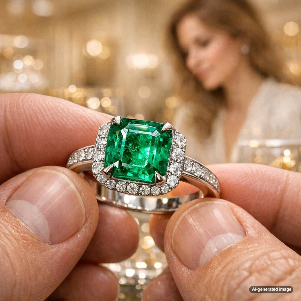 Close-up view of a brilliant emerald gemstone being treated with oil, showing enhanced green clarity and shine.
