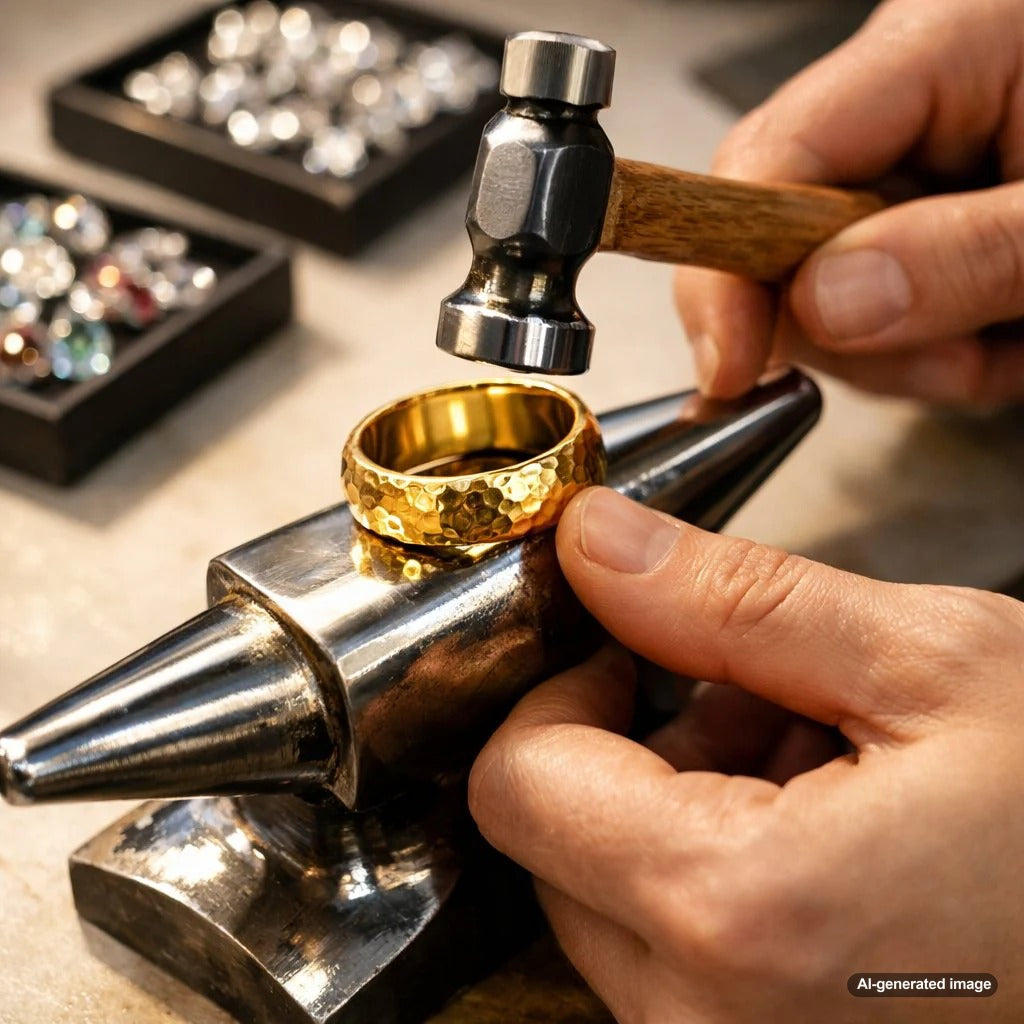 Close-up of a textured gold ring with a subtle hammered finish, showcasing the artisanal jewelry technique