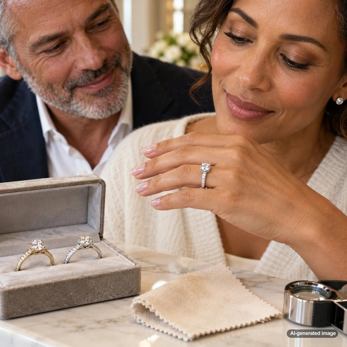 White gold fine jewelry illustrating the brilliant rhodium-plated finish and the warmer yellow undertones that can appear as plating wears away