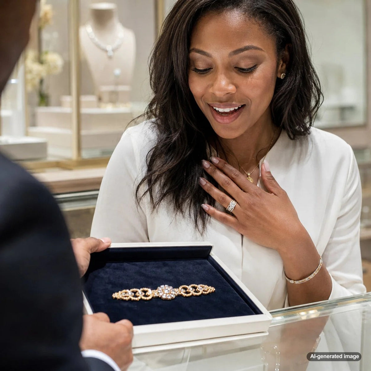 Close up of an elegant hand with a sparkling vintage diamond ring and a sophisticated estate bracelet, showcasing unique jewelry from Robinson's Jewelers.