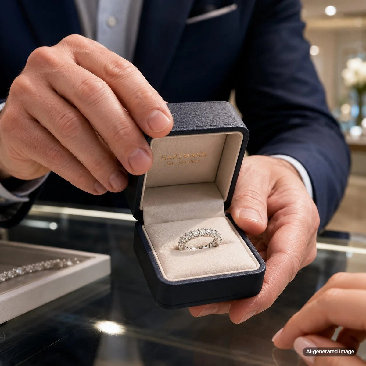 A stunning diamond eternity band representing love and significant life achievements displayed by Robinson's Jewelers.