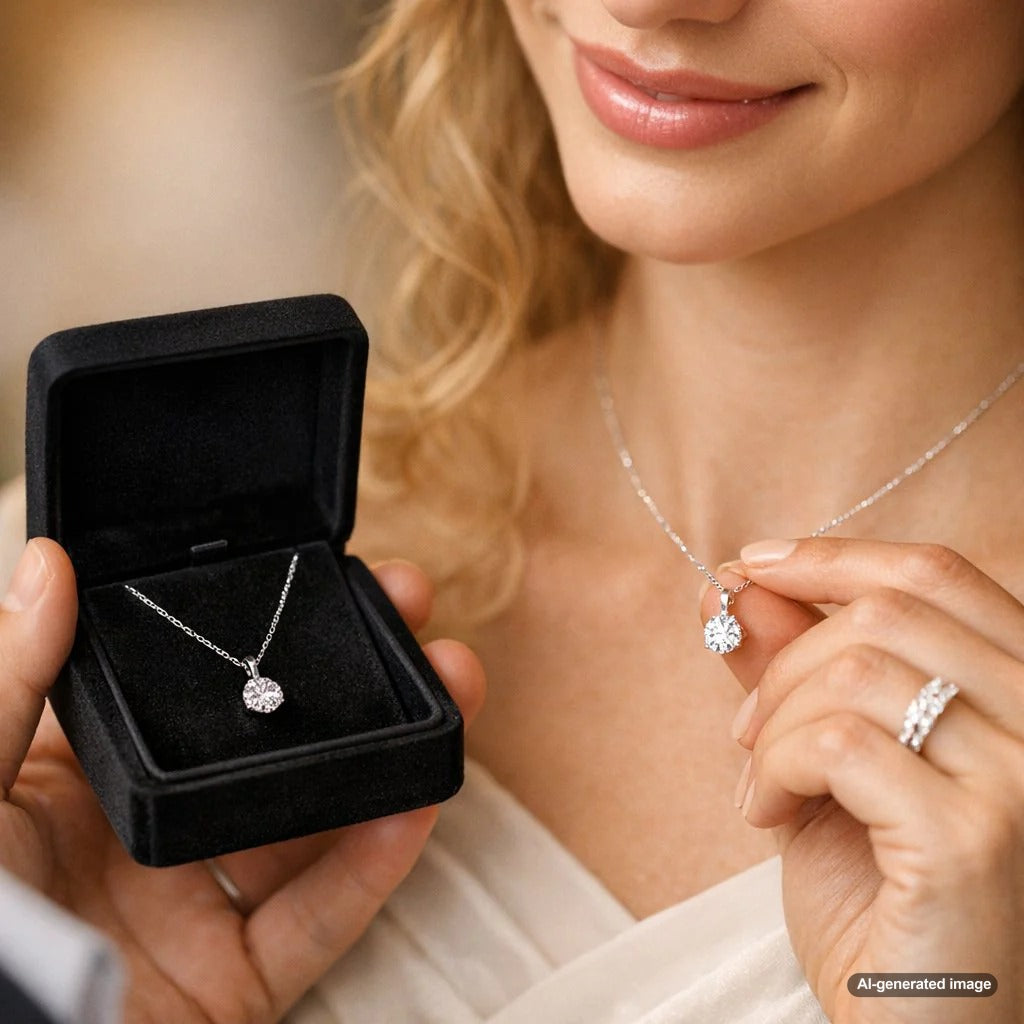 Solitaire pendant necklace on a woman with a simple chain and bright diamond center