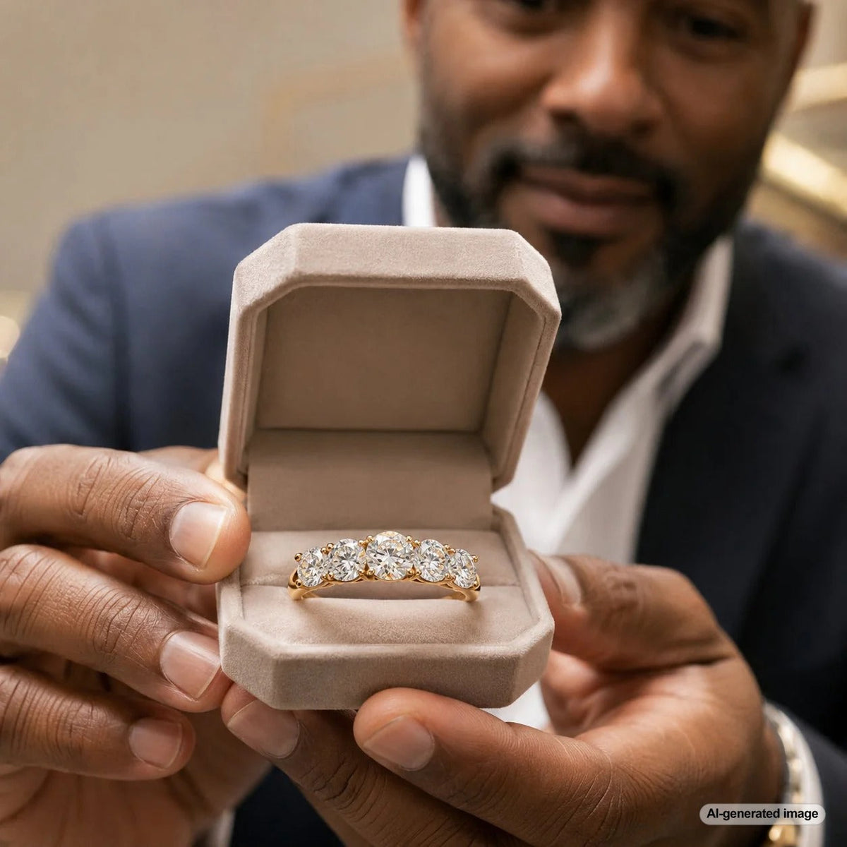 A stunning row of five oval lab-grown diamonds set in a polished 14K white gold band, symbolizing enduring love and five years of marriage.