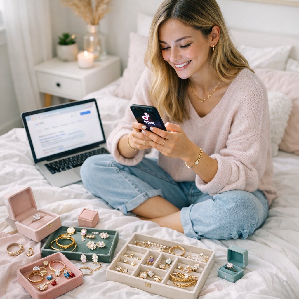 A smartphone displaying TikTok logo surrounded by trendy gold and diamond jewelry pieces representing Gen Z shopping habits
