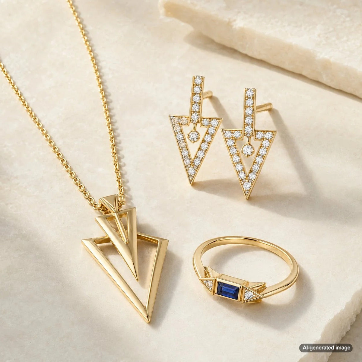 A stunning selection of geometric jewelry pieces featuring clean lines, circles, triangles, and modern architectural shapes from Robinson's Jewelers.