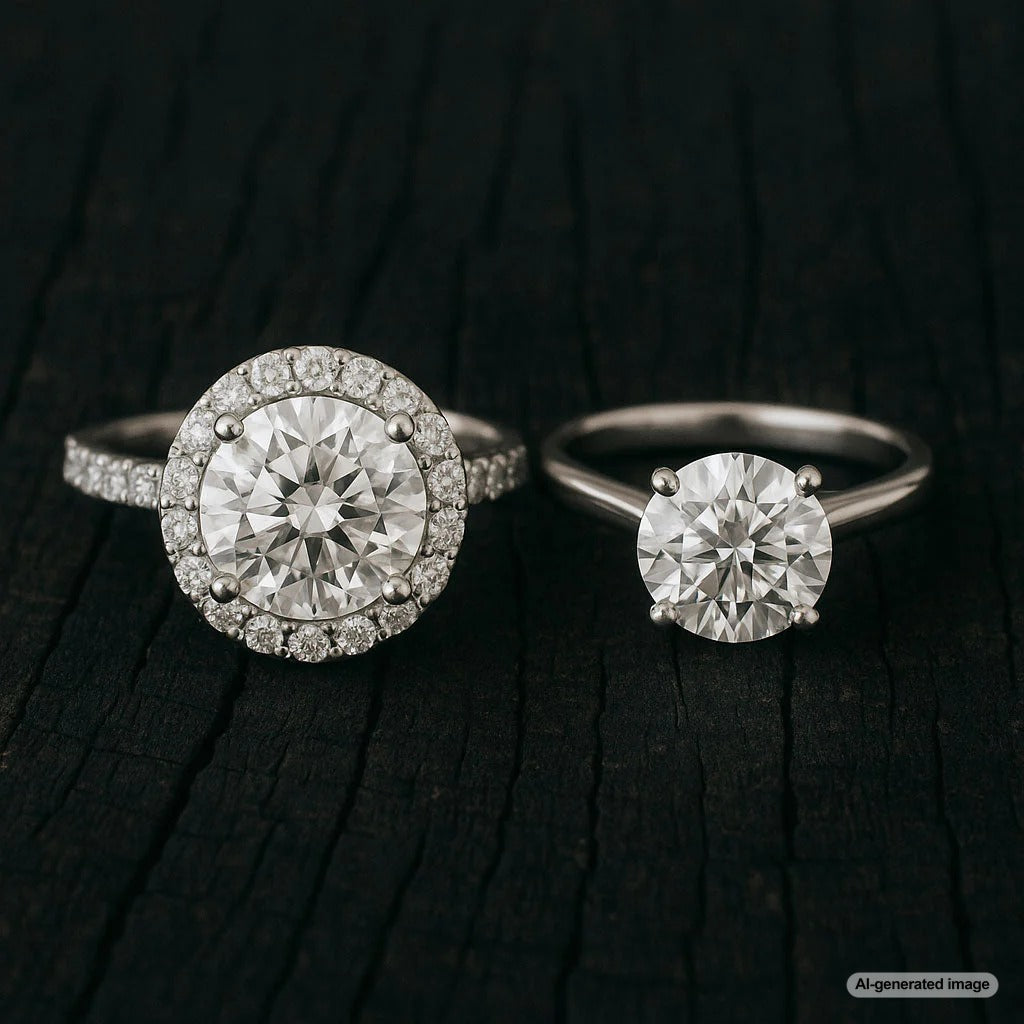 Close-up of a stunning diamond ring with a halo setting, showcasing how smaller diamonds enhance the center stone's size and brilliance