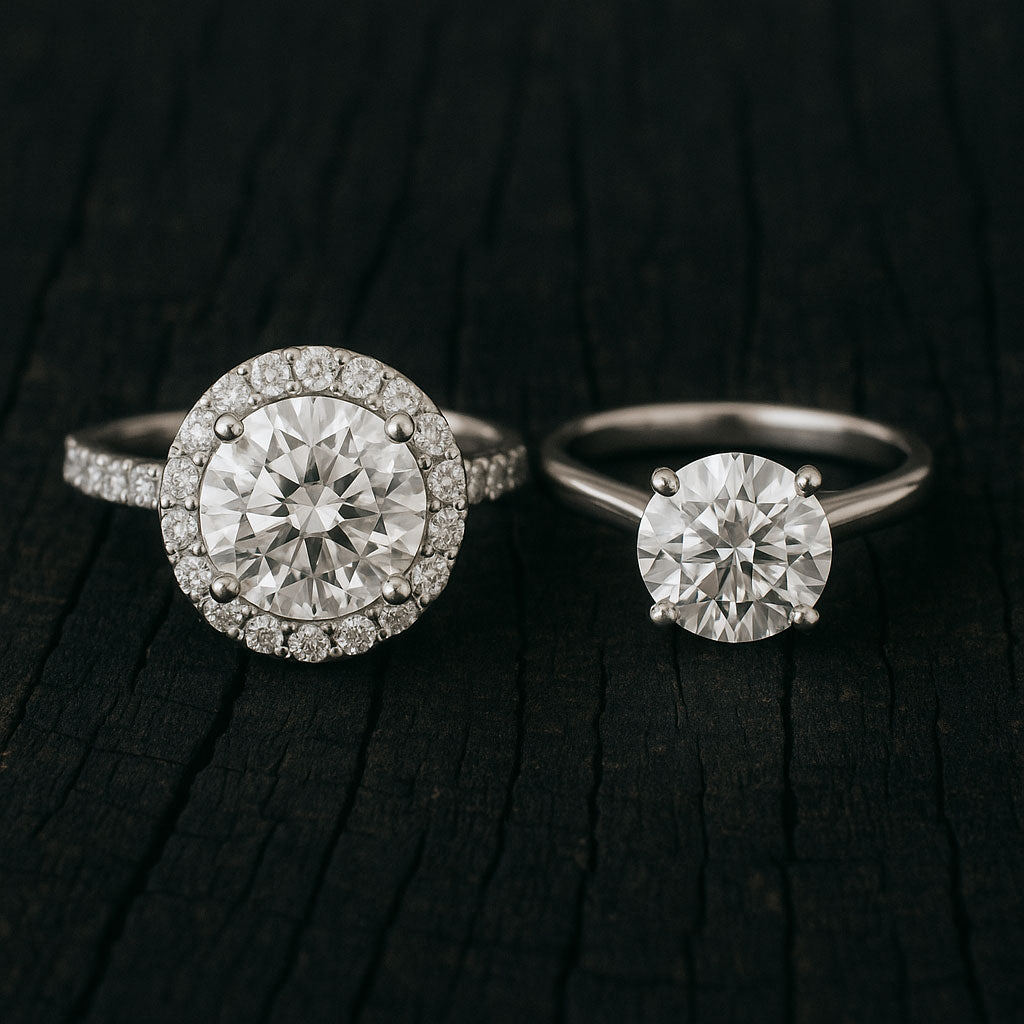 Close-up of a stunning diamond ring with a halo setting, showcasing how smaller diamonds enhance the center stone's size and brilliance