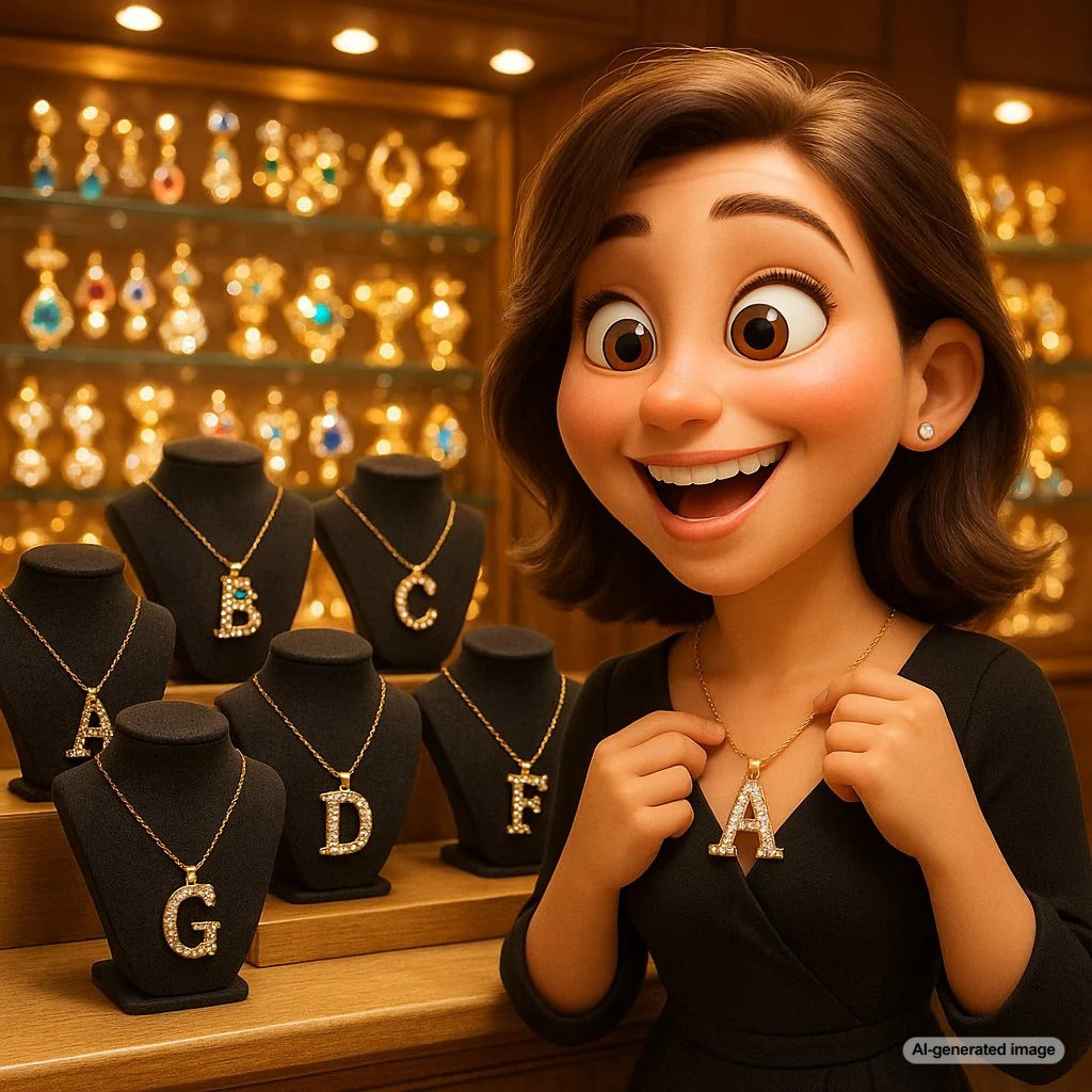 A modern and stylish collection of gold and diamond initial necklaces and rings laid out on a velvet surface