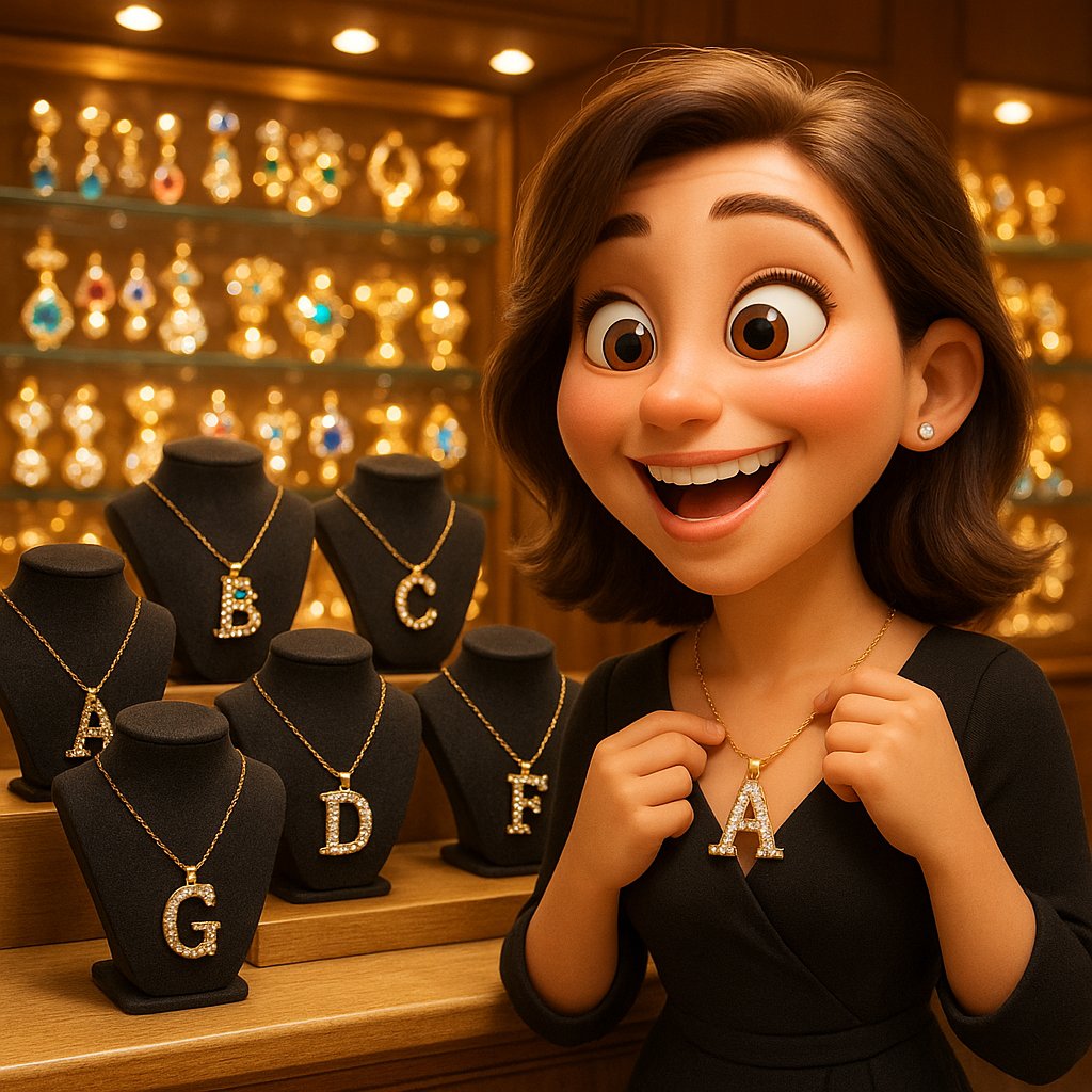 A modern and stylish collection of gold and diamond initial necklaces and rings laid out on a velvet surface