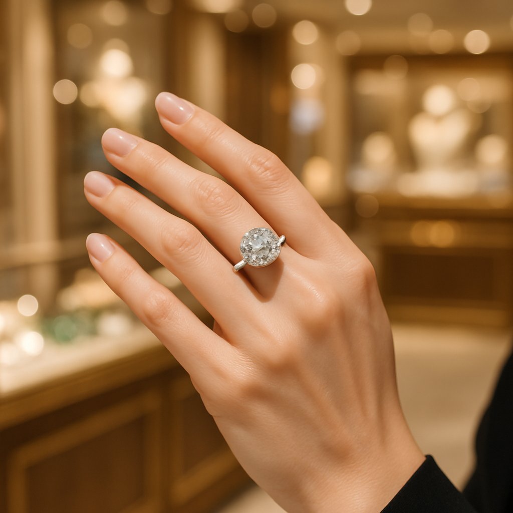Close up of a woman's hand adorned with a beautiful diamond engagement ring and wedding band