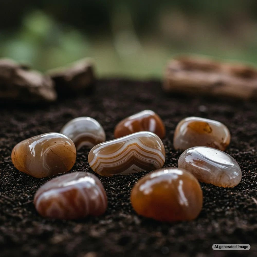 Agate gemstone jewelry showcasing earthy tones and natural banding, symbolizing grounding energy