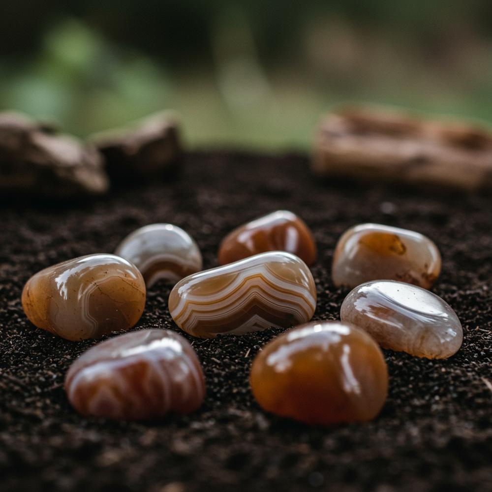 Agate gemstone jewelry showcasing earthy tones and natural banding, symbolizing grounding energy
