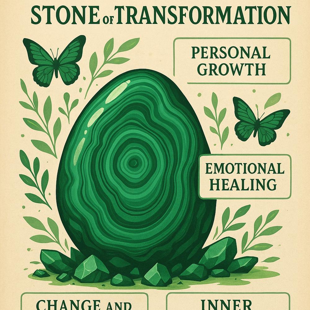 Close-up of a stunning malachite gemstone showing its characteristic green swirls and bands, set in a beautiful jewelry piece