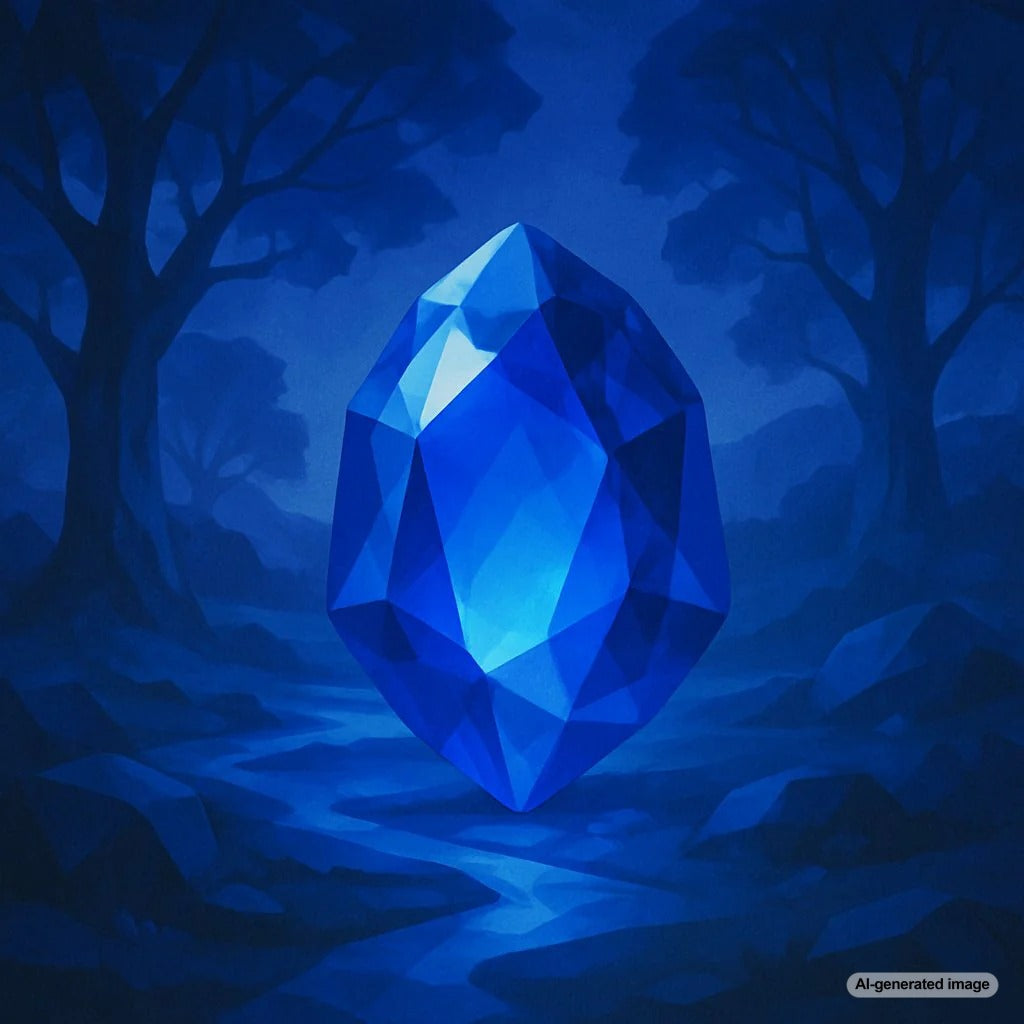 Close-up of a stunning blue sapphire gemstone in an elegant gold setting, showcasing the deep blue hue that symbolizes wisdom