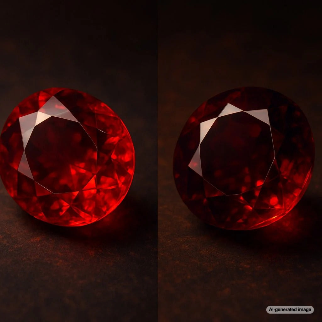 Red spinel and ruby gemstones side by side showing their remarkable similarity in color and brilliance