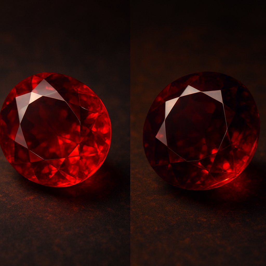 Red spinel and ruby gemstones side by side showing their remarkable similarity in color and brilliance