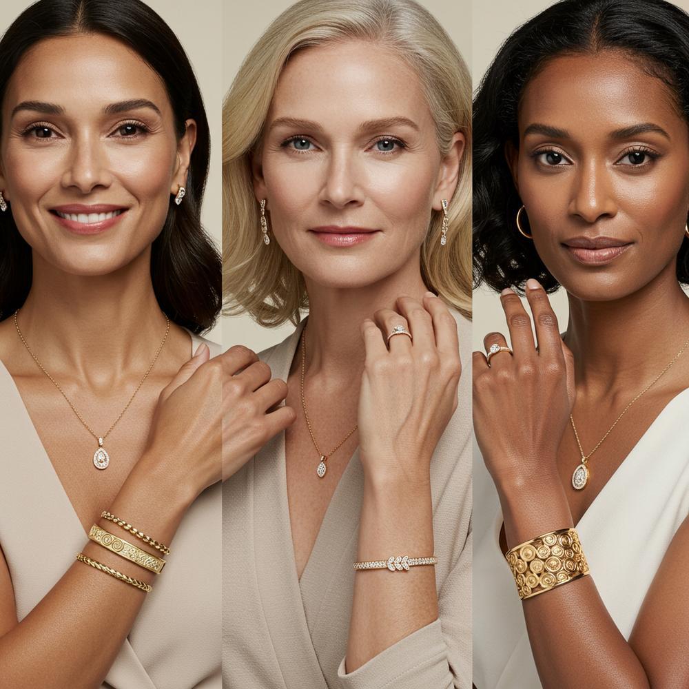 Elegant jewelry display featuring rings, necklaces and bracelets from Robinson's Jewelers collection