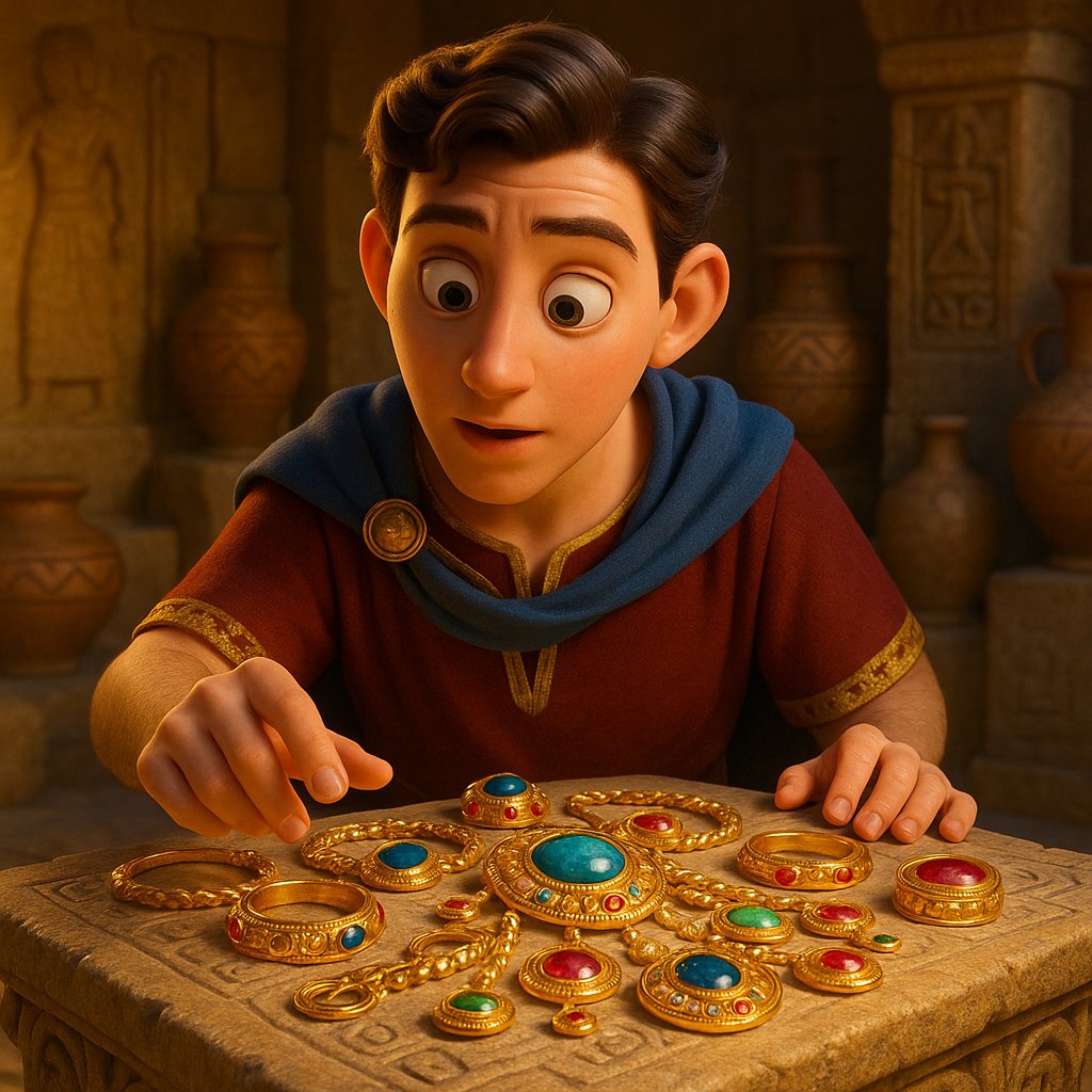 Ancient amulet jewelry featuring symbolic designs in gold and gemstones