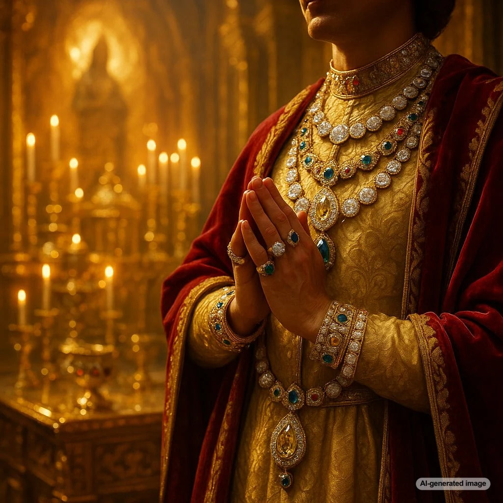 A collection of ancient and modern religious jewelry including crosses, amulets, and symbolic pendants displayed on dark velvet
