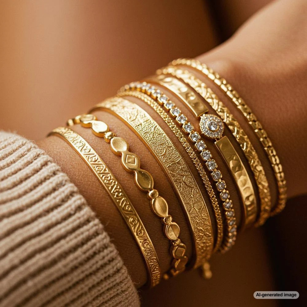 A stylish arrangement of layered bracelets showcasing gold, silver, and gemstone varieties.