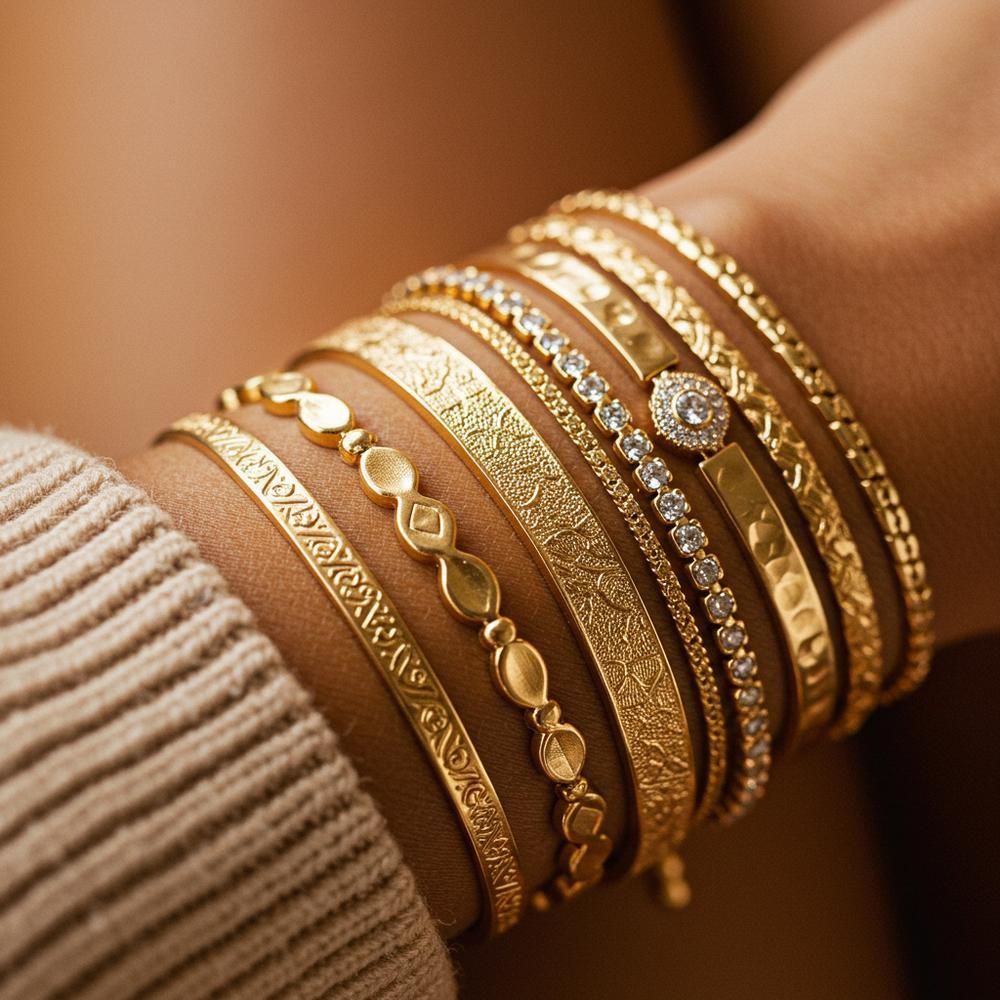 A stylish arrangement of layered bracelets showcasing gold, silver, and gemstone varieties.
