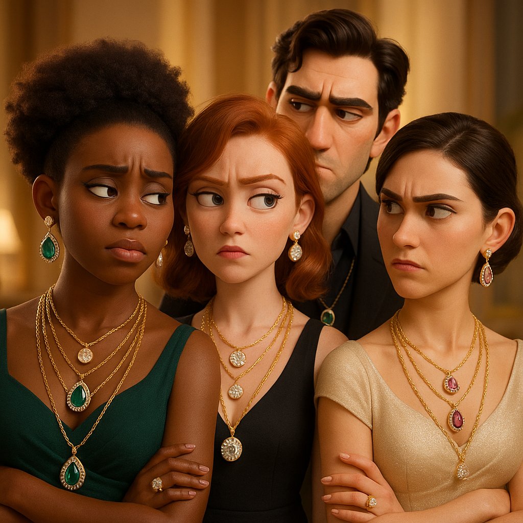 A woman with warm olive skin tone wearing multiple layered gold and silver necklaces of varying lengths and textures