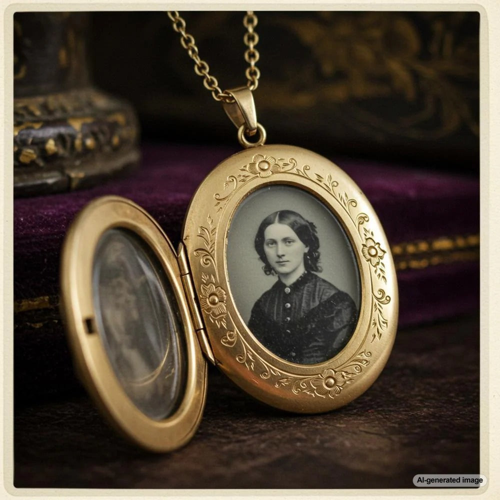 A Victorian-era locket featuring intricate gold detailing, surrounded by flowers and sentimental elements.
