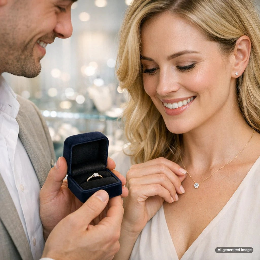 A stunning low-profile engagement ring with a hidden halo and sleek bezel setting, resting flat against the finger.